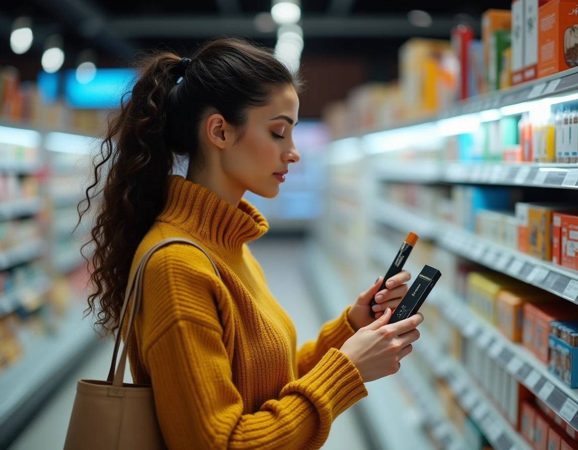 Femme comparant des alternatives économiques aux cigarettes dans un supermarché belge