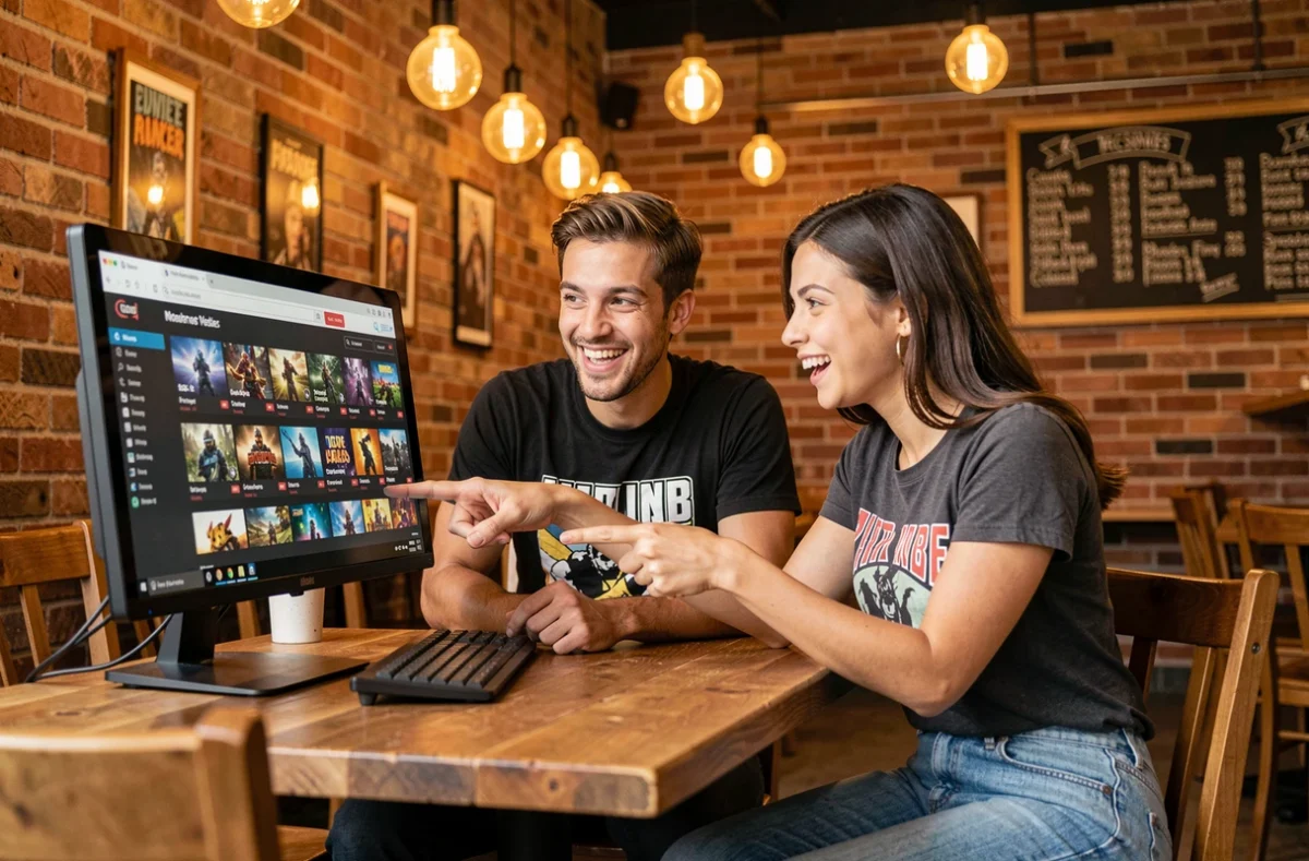 Deux amis découvrant ensemble les fonctionnalités du site Coolgame dans un café urbain