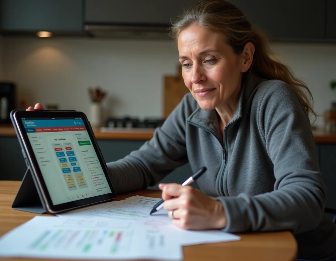 Une femme analysant ses parties de Scrabble terminées sur une tablette pour identifier ses erreurs récurrentes