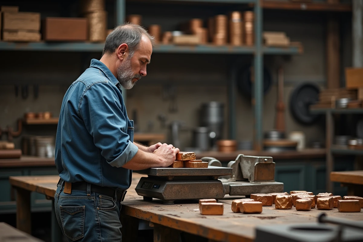 Artisan pesant des lingots de bronze dans son atelier