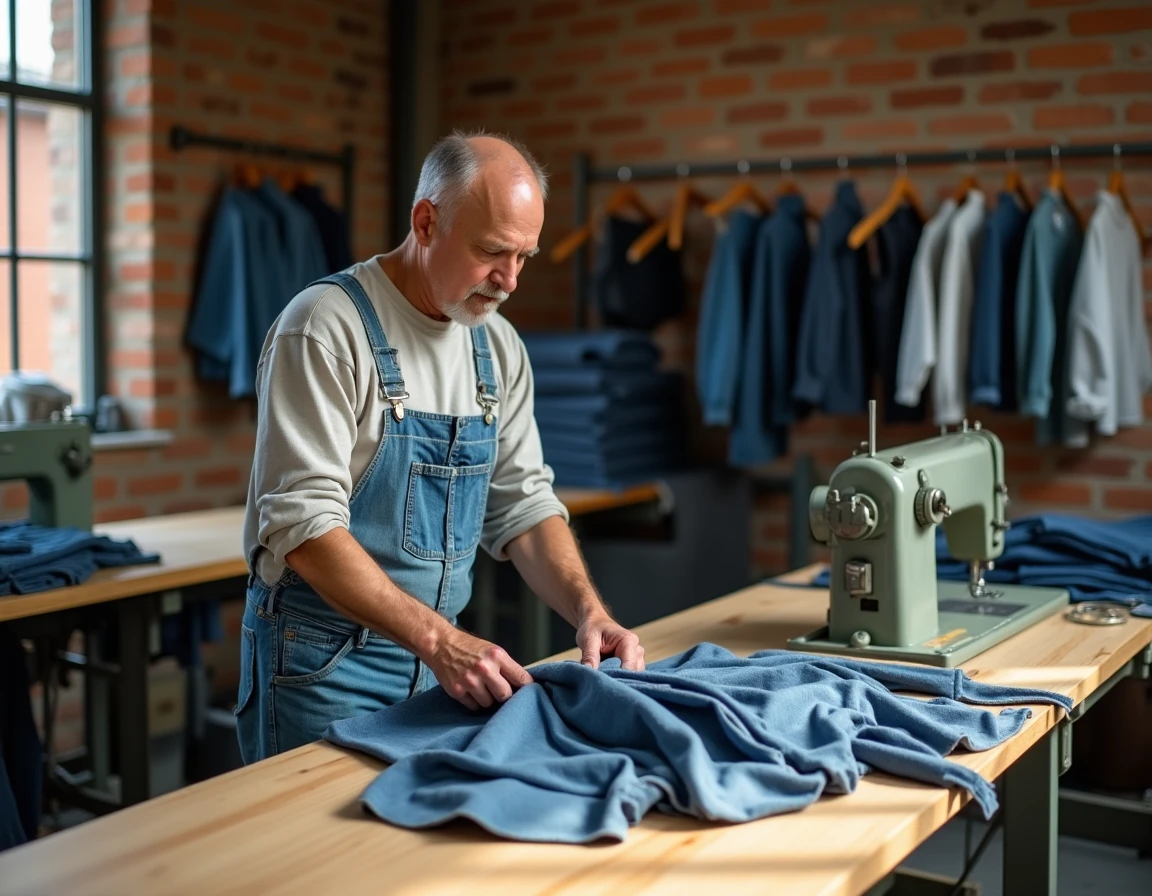 Homme triant des vêtements de seconde main dans un atelier de recyclage textile artisanal