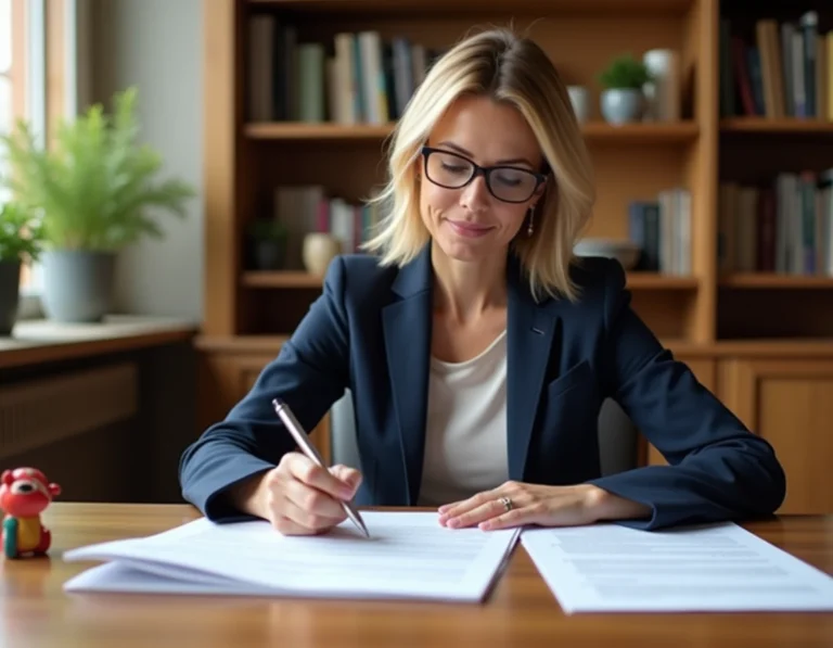 Femme professionnelle en train d'examiner un bail commercial pour une micro crèche dans un bureau de notaire