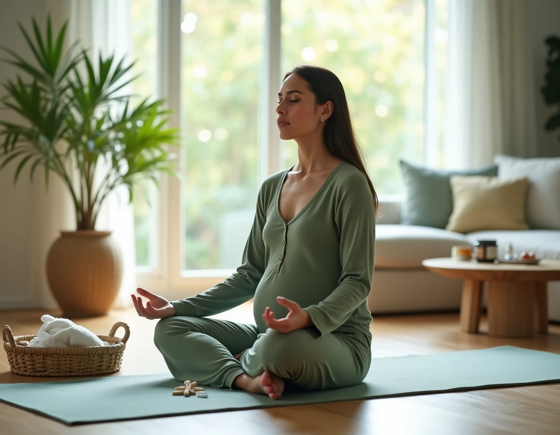 Maman en postpartum pratiquant des exercices de bien-être sur un tapis de yoga dans un salon lumineux