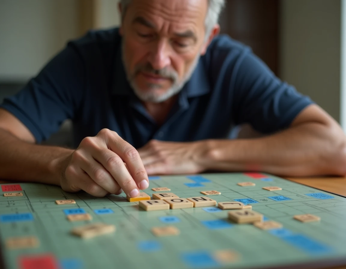 Un homme posant une tuile sur une case bonus pour la bloquer et empêcher l'adversaire de l'utiliser au Scrabble
