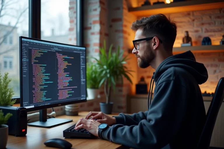 Homme geek dans un bureau high-tech avec gadgets, clavier mécanique et figurines de collection sur des étagères