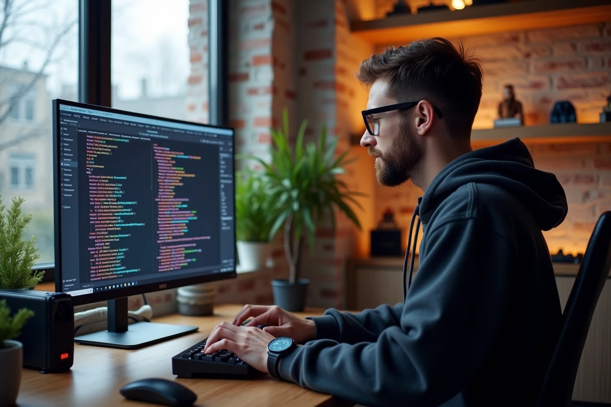 Homme geek dans un bureau high-tech avec gadgets, clavier mécanique et figurines de collection sur des étagères