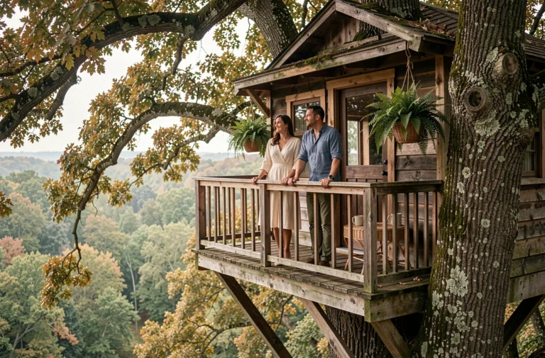 Couple profitant d'un séjour dans une cabane dans les arbres en pleine forêt, entourés de feuillages et de brume matinale
