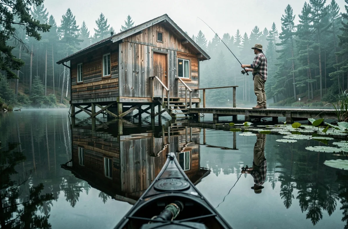 Homme pêchant depuis un chalet flottant sur un lac forestier calme au petit matin