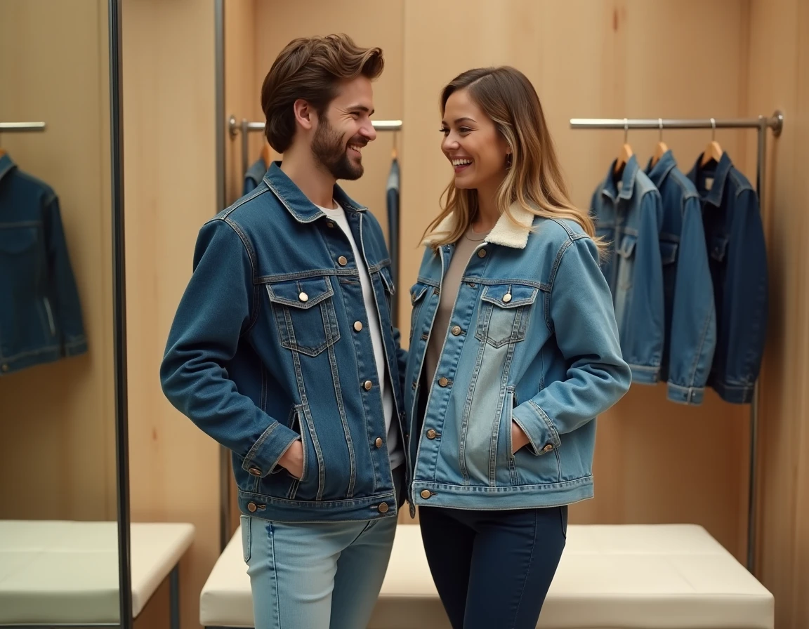Couple comparant deux tailles de veste en jean Tommy Hilfiger en cabine d'essayage