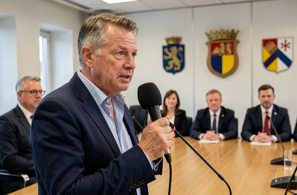 Journaliste masculin prenant la parole lors d'une conférence de presse dans une salle du conseil régional du Rhin en Alsace