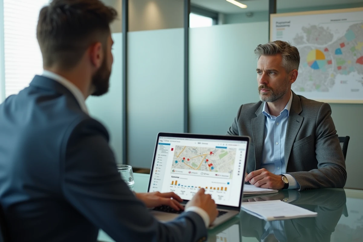 Conseiller immobilier présentant des analyses de marché à un client dans une agence immobilière professionnelle