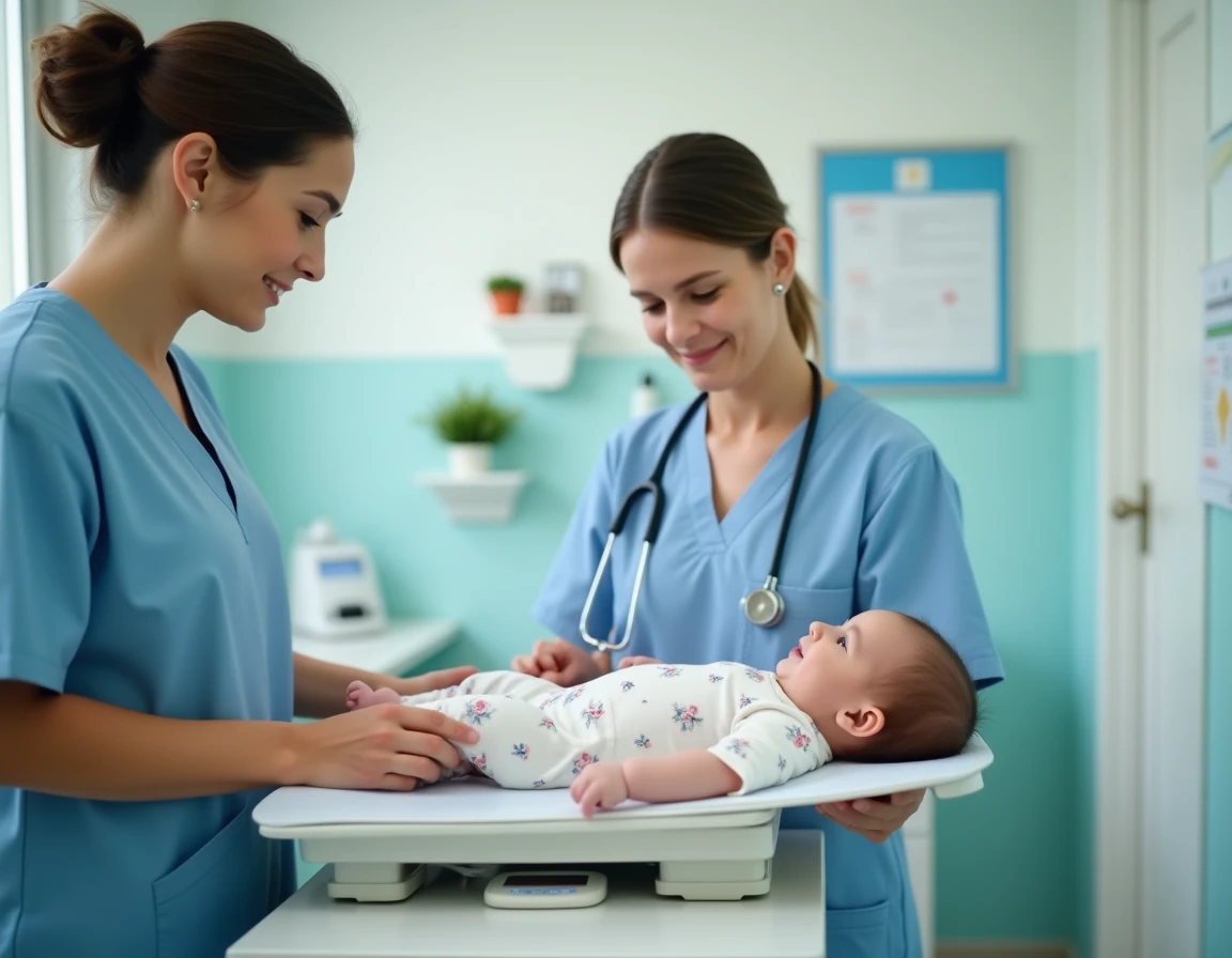 Infirmière pédiatrique pesant un nourrisson lors d'une consultation de bien-être bébé dans un cabinet médical moderne