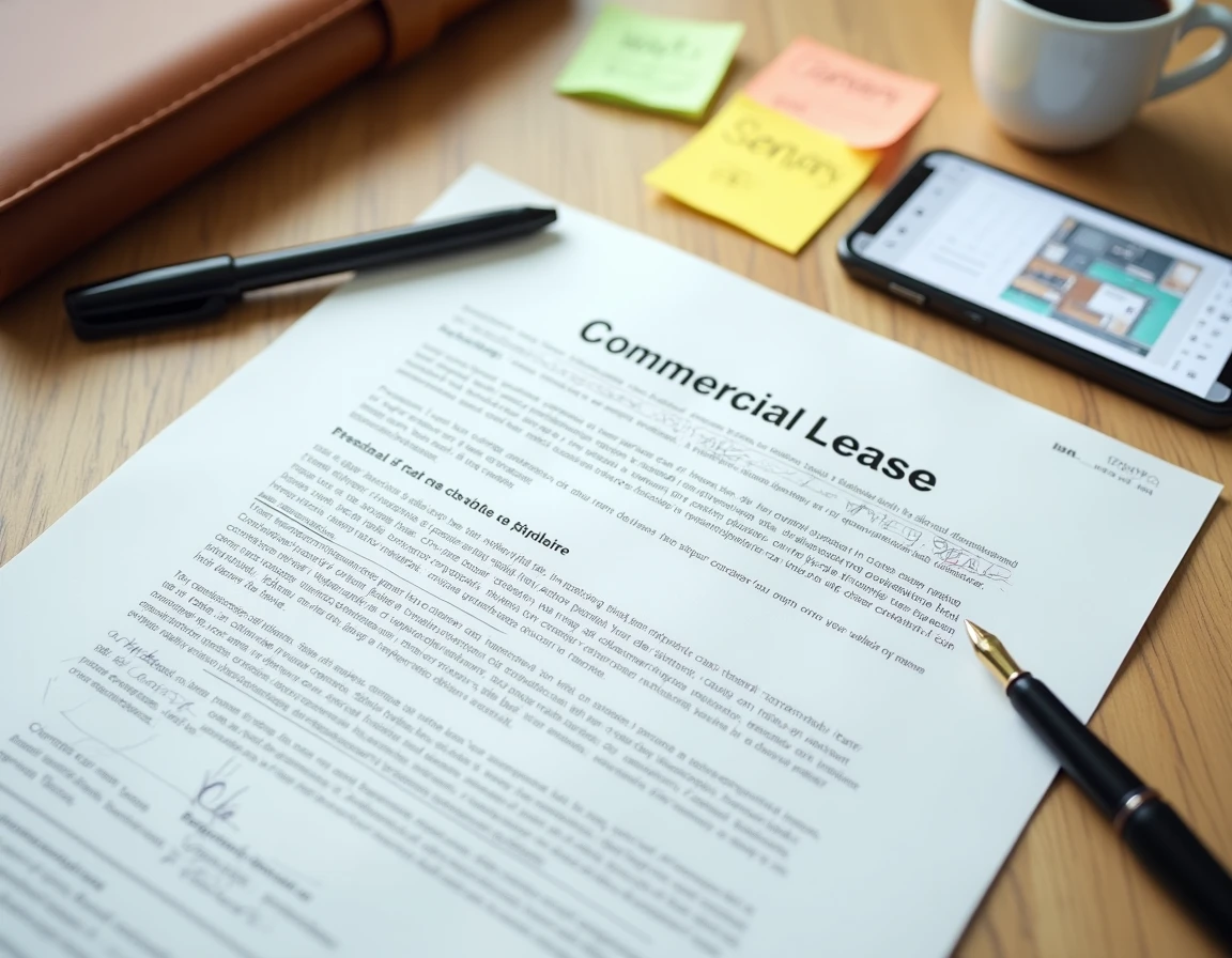 Vue aérienne d'un contrat de bail commercial à signer pour une micro crèche avec annotations et plan de local