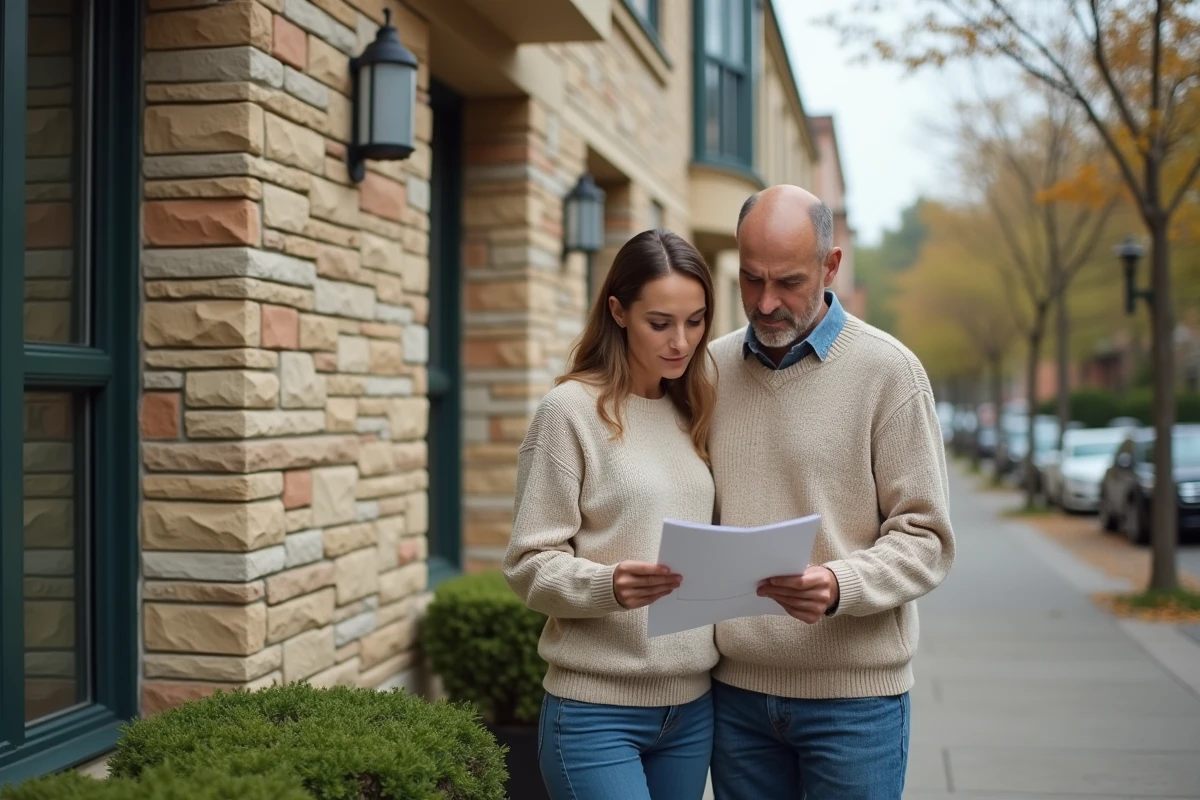 Couple évaluant une propriété résidentielle en pierre dans une rue calme pour un projet d'investissement immobilier