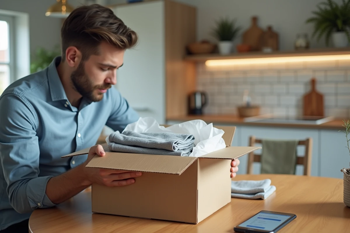 Homme déballant un colis de vêtements commandés sur Asos dans une cuisine moderne