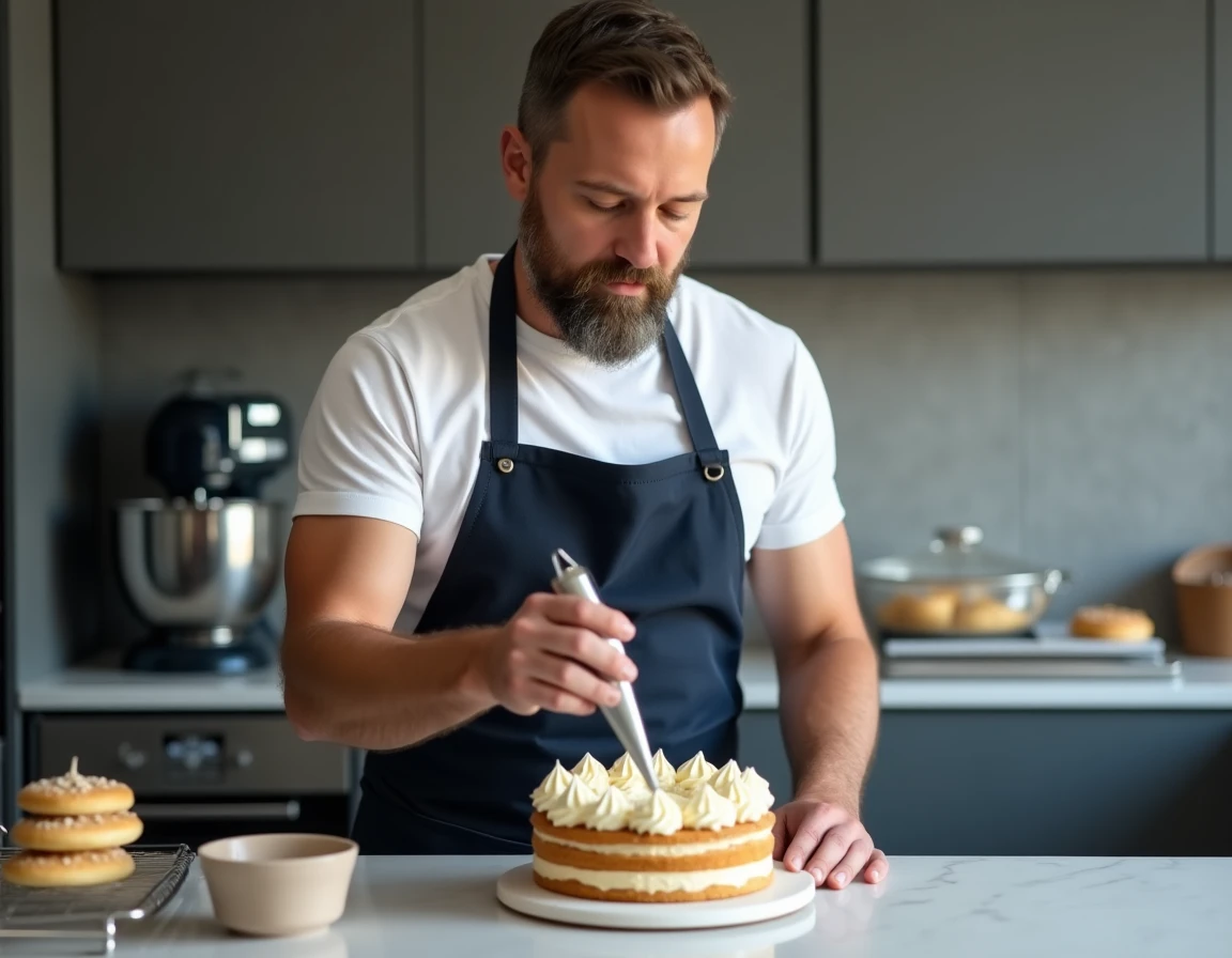 Homme réalisant des décorations en crème au beurre sur un gâteau avec une poche à douille professionnelle dans une cuisine moderne