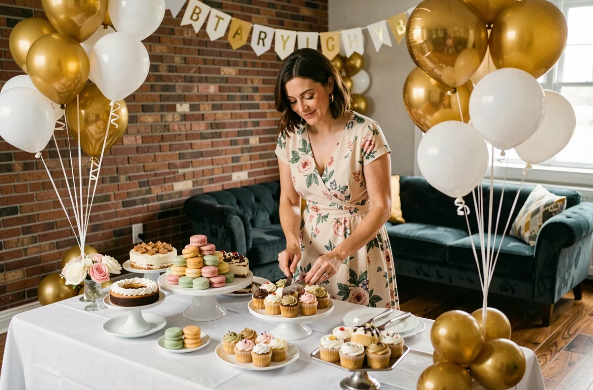 Femme arrangeant un buffet de desserts élégant pour une fête d'anniversaire surprise en intérieur