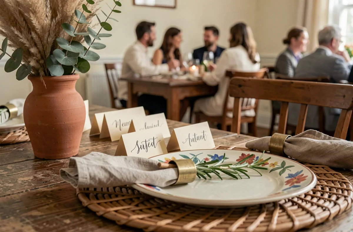 Détail d'une décoration de table raffinée avec cartons de place calligraphiés, céramique artisanale et fleurs séchées pour une fête