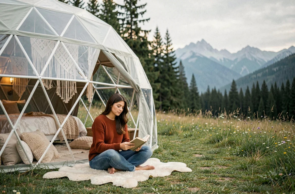 Femme lisant devant un dôme géodésique en camping glamping au bord d'une prairie de montagne