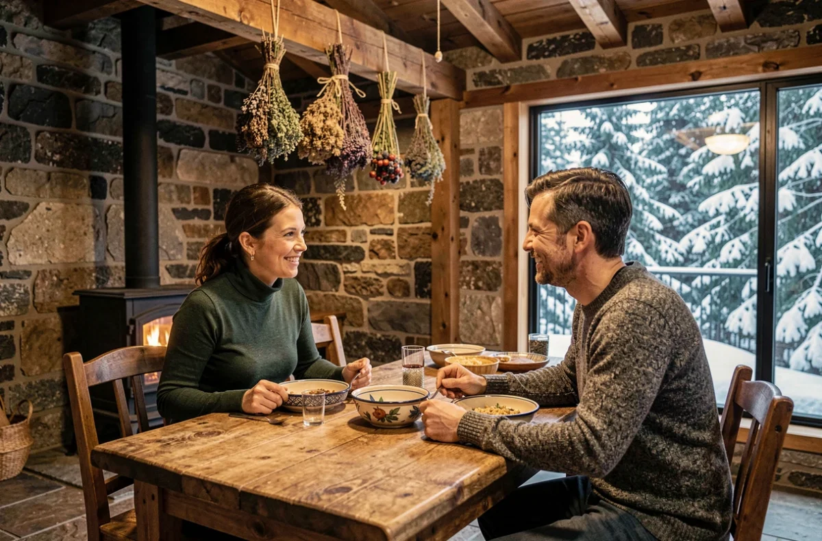 Couple partageant un repas dans un éco-lodge en pierre avec vue sur une forêt enneigée