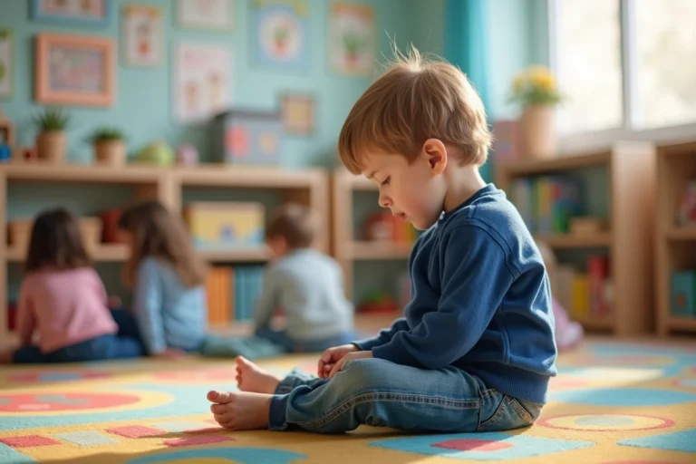Jeune garçon concentré en classe avec jouet coloré