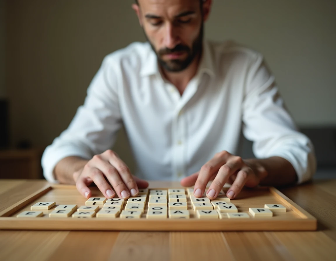Un homme arrangeant des tuiles de Scrabble sur un chevalet pour maintenir l'équilibre entre voyelles et consonnes