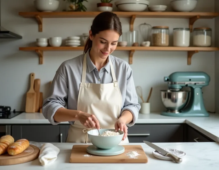 Femme mesurant de la farine sur une balance de cuisine professionnelle lors d'une séance de pâtisserie maison