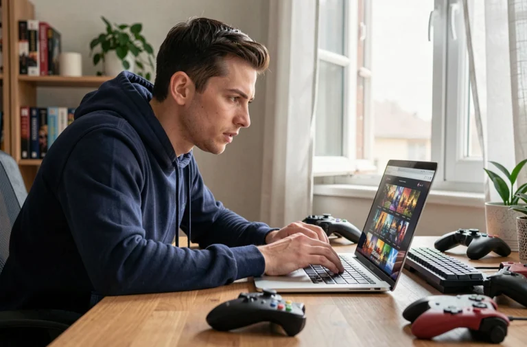 Jeune homme explorant le site Coolgame sur un ordinateur portable dans un bureau gaming à domicile