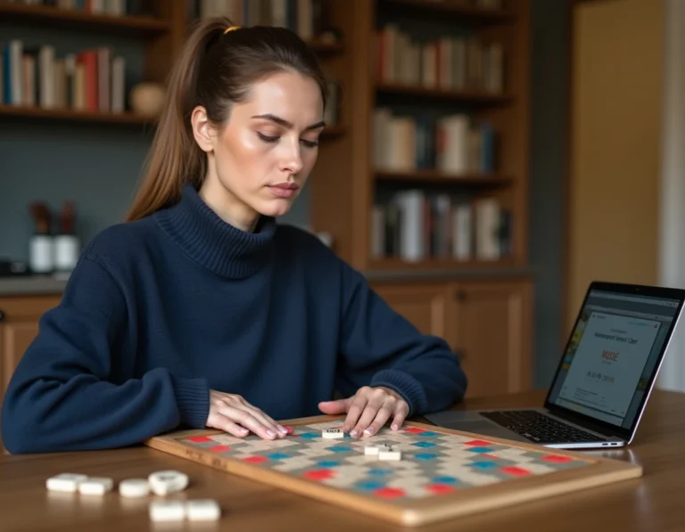 Une femme jouant au Scrabble avec un ordinateur portable ouvert à côté du plateau de jeu