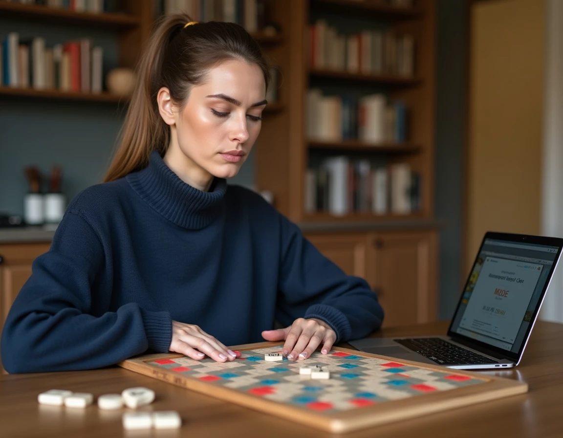 Une femme jouant au Scrabble avec un ordinateur portable ouvert à côté du plateau de jeu