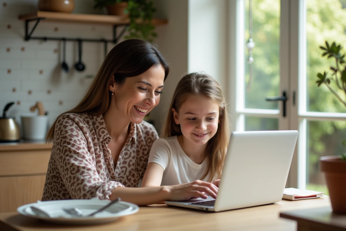 Mère et fille regardant un ordinateur dans la cuisine lumineuse