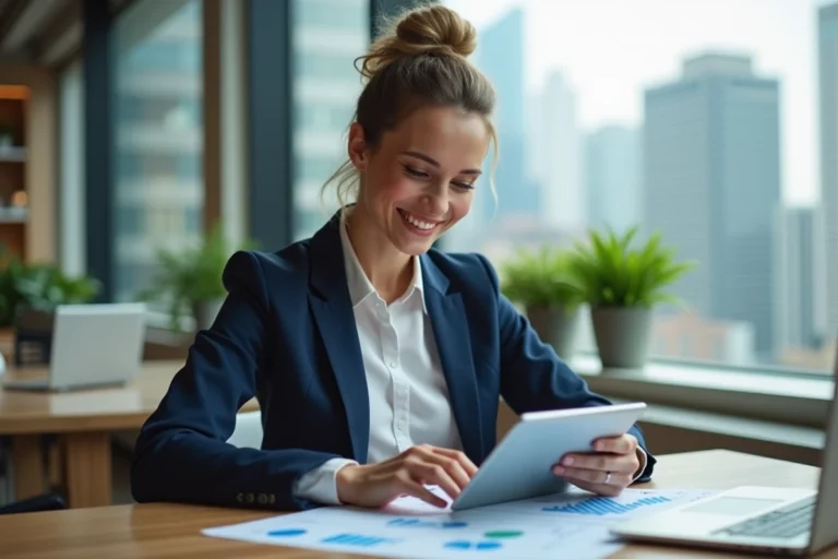 Femme d'affaires souriante avec tablette dans un bureau moderne