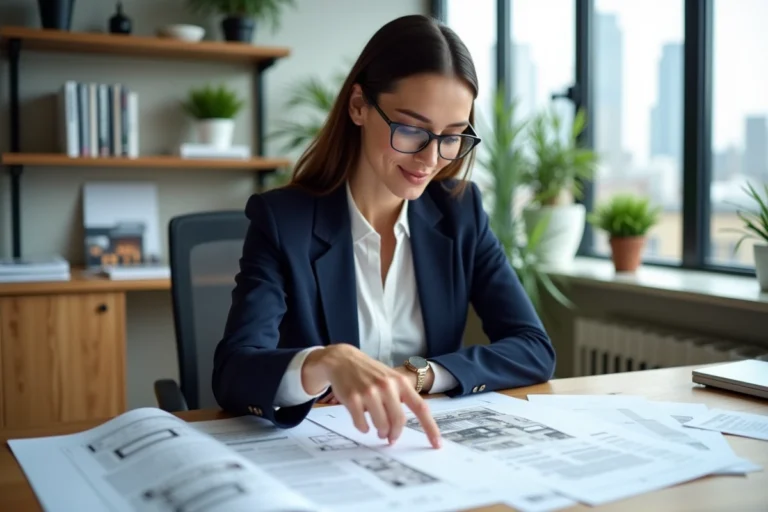 Femme professionnelle analysant des documents immobiliers dans un bureau moderne pour un investissement réussi en 2024
