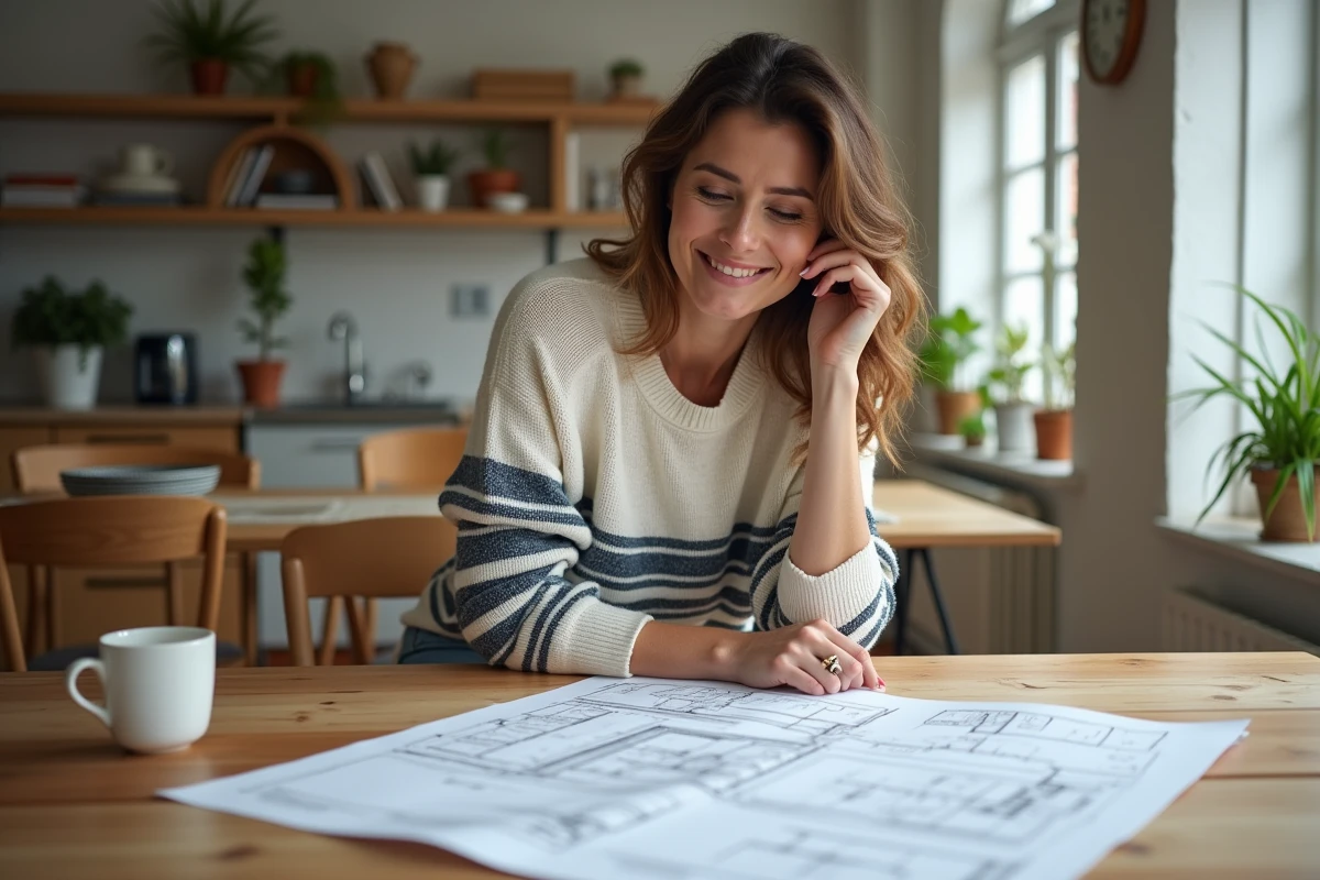 Femme en jeans et pull à rayures examine des plans architecturaux dans une maison lumineuse