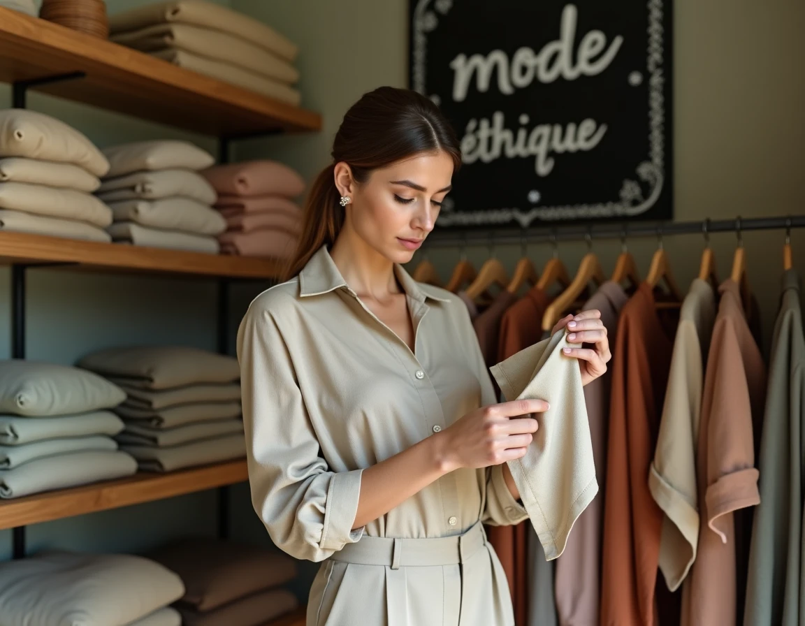 Femme inspectant l'étiquette d'une chemise en lin dans une boutique de mode éthique aux tons naturels