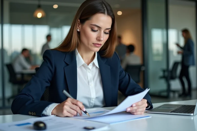 Femme professionnelle examinant des documents de carte grise pour un véhicule en leasing à son bureau