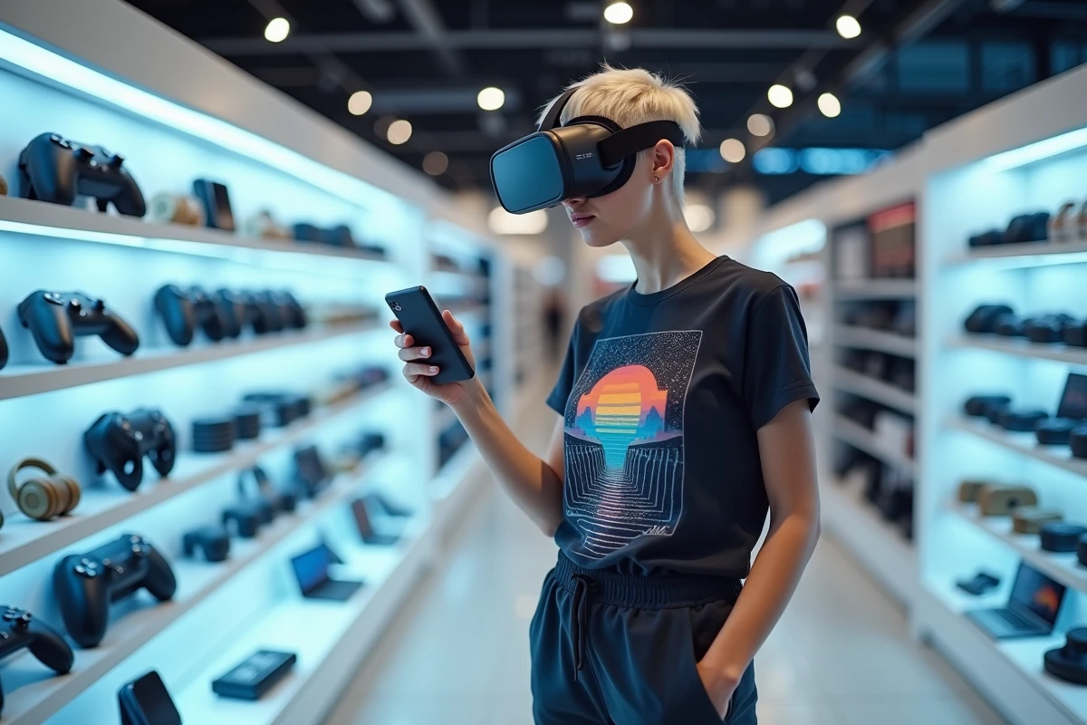 Femme inspectant un casque VR de dernière génération dans un magasin high-tech moderne rempli de gadgets