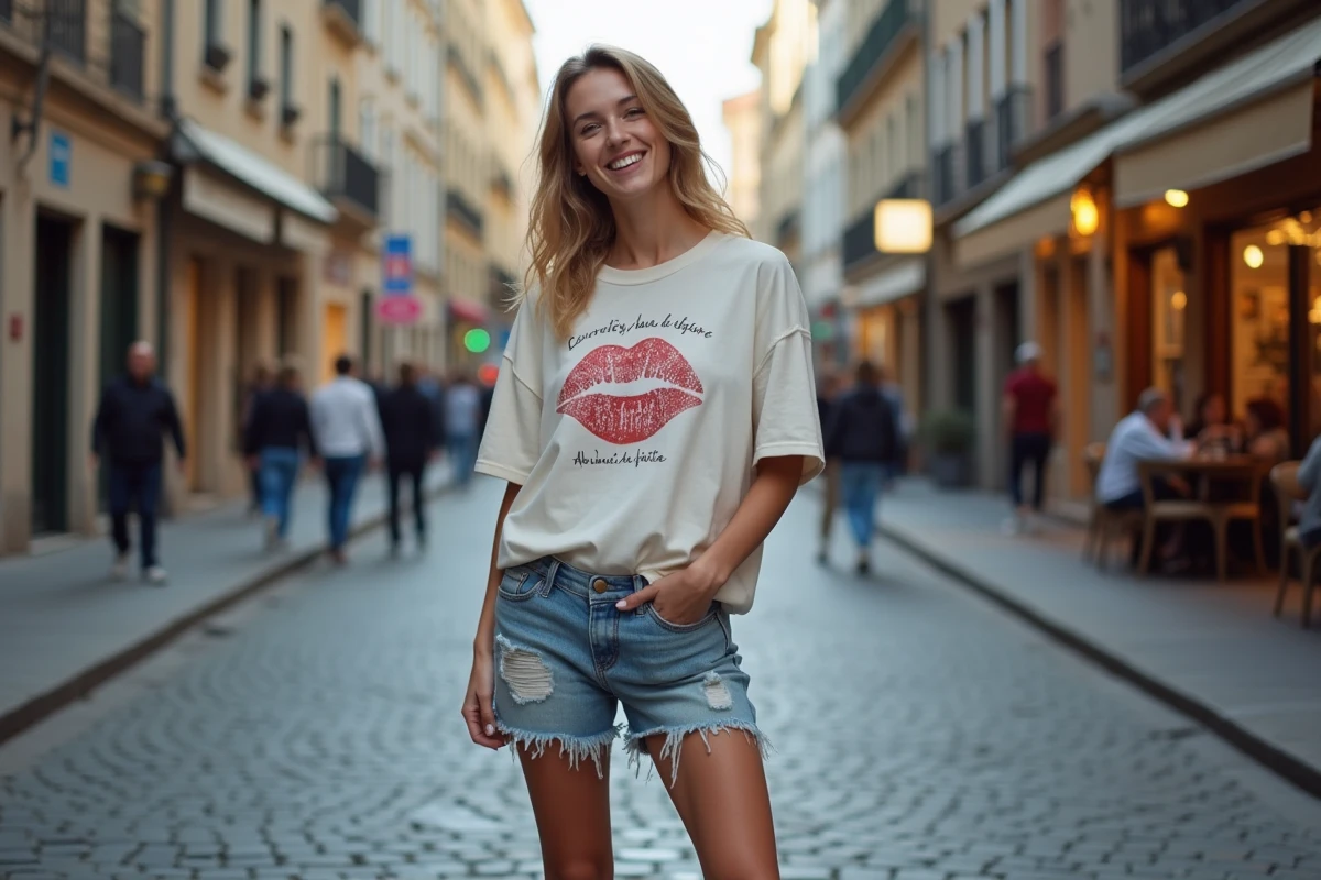 Femme décontractée dans une rue pavée de Lyon