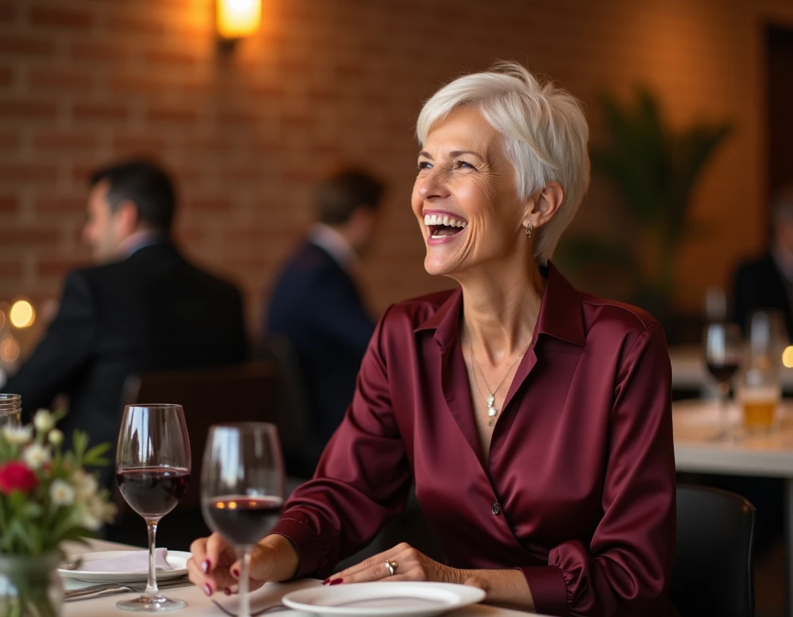 Femme de 65 ans séduisante et souriante au restaurant, cheveux blancs courts, élégance naturelle et charme authentique