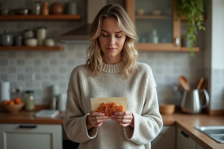 Femme examinant un paquet de lardons dans sa cuisine