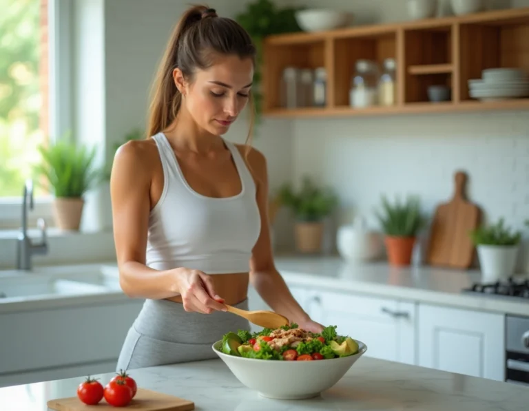 Femme en tenue de sport préparant une salade saine et colorée dans une cuisine moderne pour perdre du poids durablement