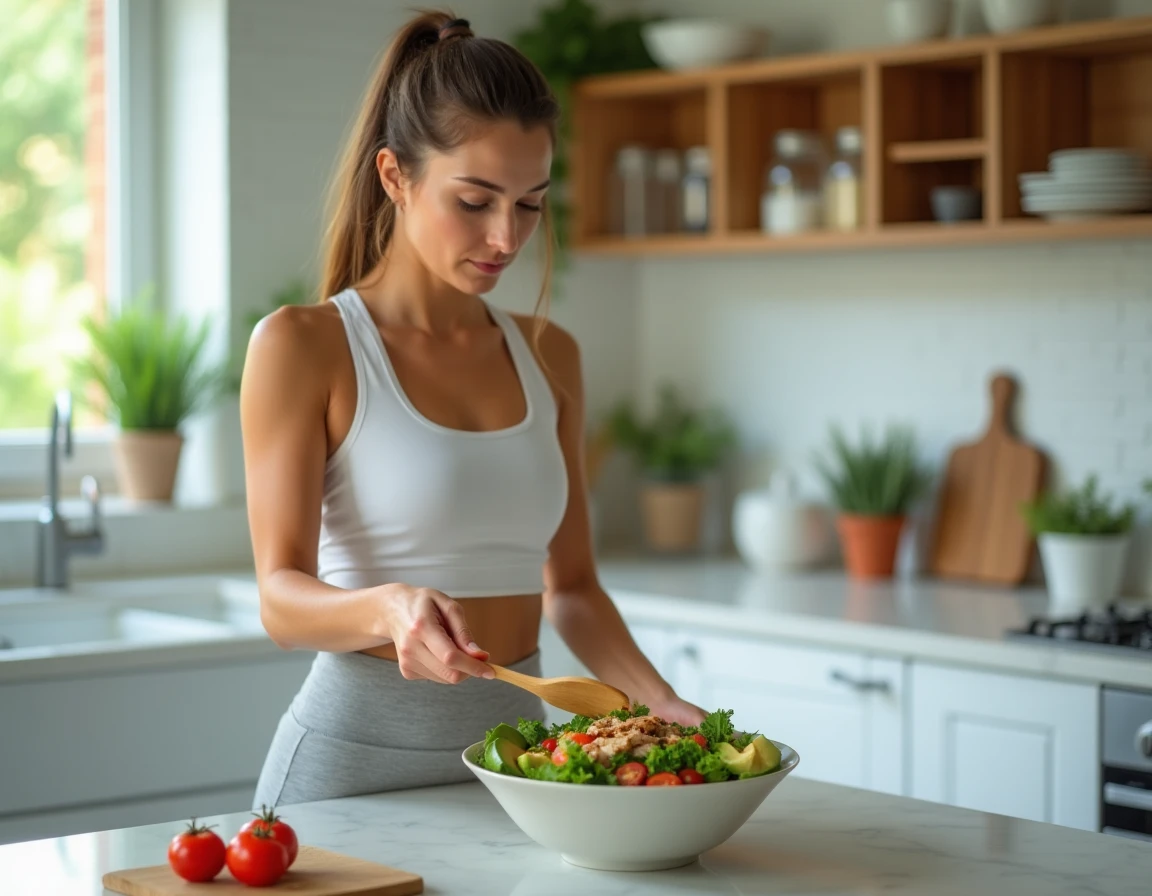 Femme en tenue de sport préparant une salade saine et colorée dans une cuisine moderne pour perdre du poids durablement