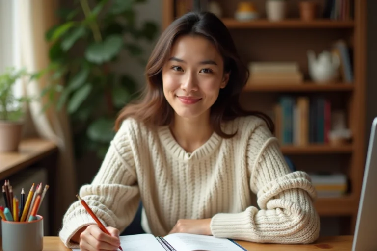 Jeune femme écrivant avec confiance dans un carnet sur un bureau en bois, illustrant les bonnes pratiques d'orthographe et l'expression aie confiance en toi