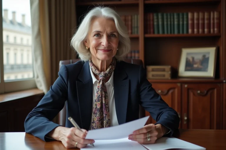 Femme élégante en bureau parisien avec livres et vue