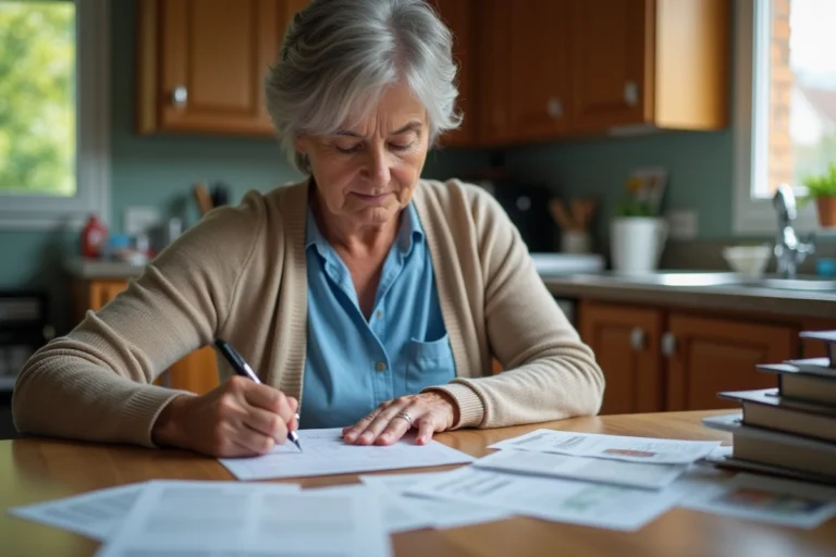 Femme française remplissant un document officiel à la maison