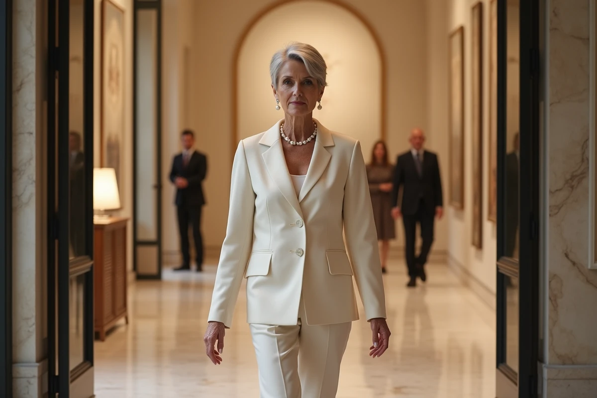 Femme d age dans une galerie d art française moderne