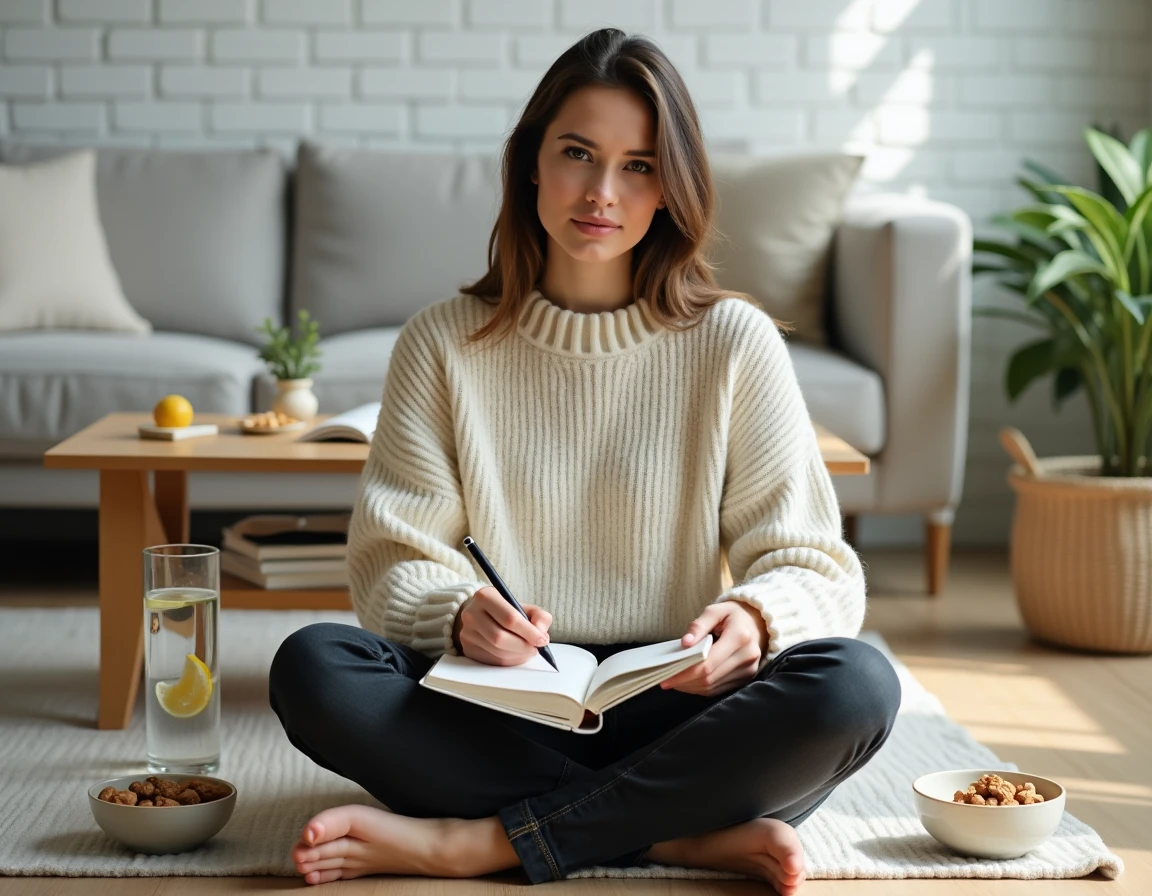Jeune femme écrivant dans un journal de bien-être avec de l'eau citronnée et des noix pour suivre ses objectifs minceur