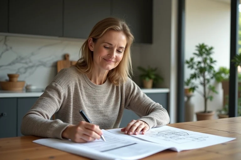 Femme moyenne âge lisant plans et documents dans la cuisine