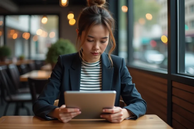 Jeune femme lisant des actualités sur une tablette dans un café