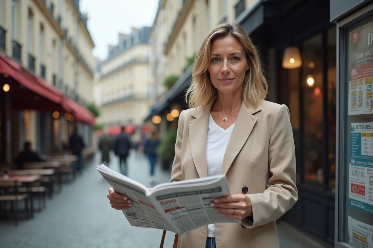 Femme lisant les résultats Keno dans un journal devant un kiosque urbain parisien